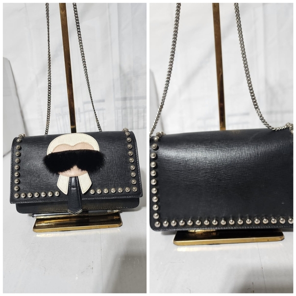 FENDI Vitello Elite Mink Fur Studded Karlito Tube Wallet on Chain Black - Picture 7 of 14